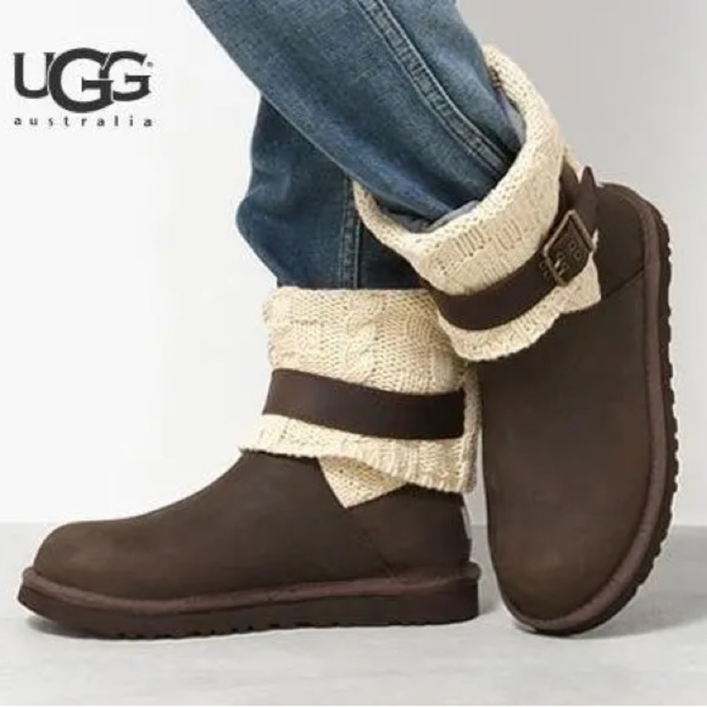 UGG Brown Ankle Boots with Cream Knit Cuff